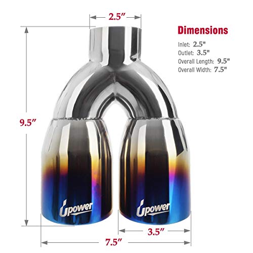 Upower Dual Exhaust Tips 2.5" Inch Inlet 3.5" Outlet 9.5" Length Vacuum Plating Blue Polished Stainless Steel 1.2Mm Thickness Double Wall Slant 2.5" To 3.5" Exhaust Tailpipe #TOP3