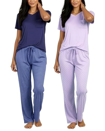 Image of Real Essentials 2 Pack: Women's Comfy Pajama Sets - Short Sleeve Ladies Loungewear Sleepwear PJs (Available In Plus)
