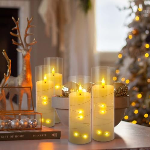 Image of Pack of 5 (D2.2 X H 5 inch 6 inch 7 inch) Ivory Flickering Flameless Candles Battery Operated with Remote, LED Pillar Candles with Realistic Moving Wick for Halloween, Christmas, Home Decor.