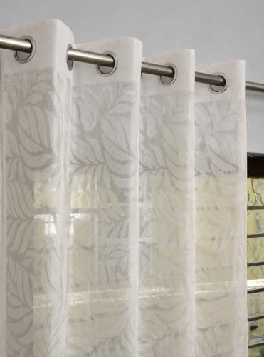 Image of Fabrilia Leaf Pattern Net Sheer Curtains for Window | Premium Semi Transparent Curtain with Elegant Botanical Leaf Design | Cream | 5 feet | Set of 2