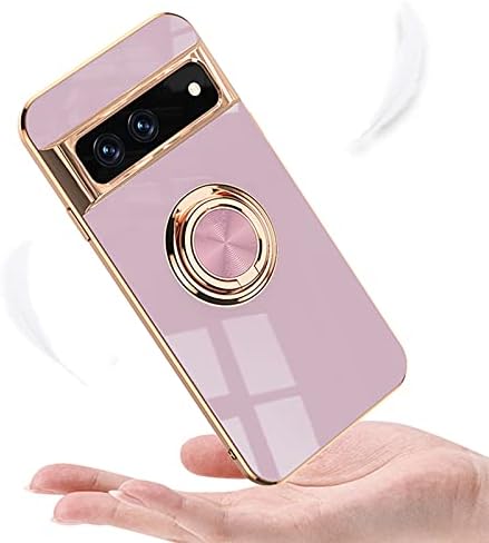 ZTOFERA Compatible with Google Pixel 7 Case with 360 Degree Rotation Stand Ring Holder, Flexible Silicone Phone Case with Magnetic Metal for Car Mount Gold Edging Shockproof Cover, Purple