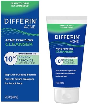 Differin Acne Foaming Face Wash, Max Strength, 10% Benzoyl Peroxide, 5oz