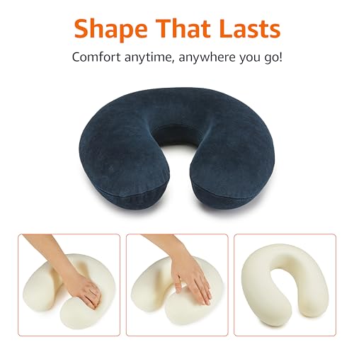 Amazon Basics Memory Foam Travel Neck Pillow with Removable Cover and Elastic Carrying Strap, Navy Blue, Semicircular - Image 5