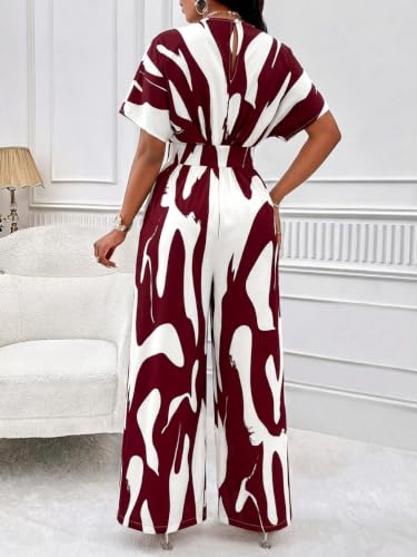 Image of PerZeal Women's V-Neck Short Sleeve Printed Jumpsuit with Pockets - Casual Wide Leg One-Piece Romper for Summer（S-XXL）