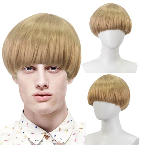 FOUNSHO Corta Parrucca da Uomo, Parrucche Caschetto Bionda con Frangia per Uomo Donna, Parrucca da Costume per Adulto Corta Lisci Parrucche per anni '60 '70 '80 Cosplay Halloween Festa (Misto Bionda)