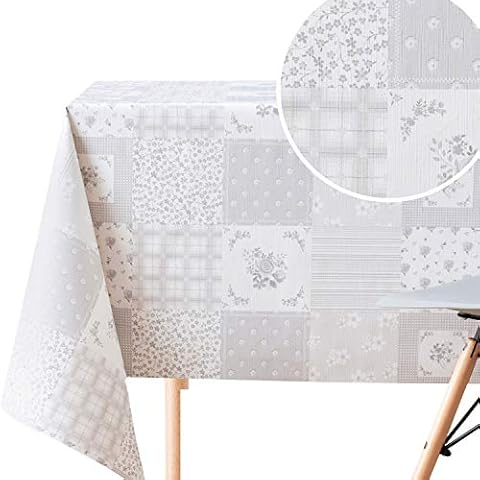 Clásico Mantel PVC Diseño de Retazos Gris y Blanco - Floral Mantel Hule 200x140 Cover
