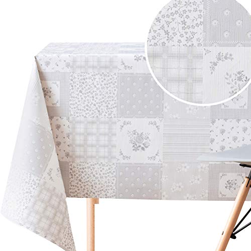 Vintage Campagnard Gris Clair Nappe Plastique Motif Patchwork - Floral Rétro Nappe Toile Ciree Rectangulaire 200x140 Imperméable Facile à Nettoyer Nappe PVC Essuyable Nappe Rectangulaire Toile Ciree
