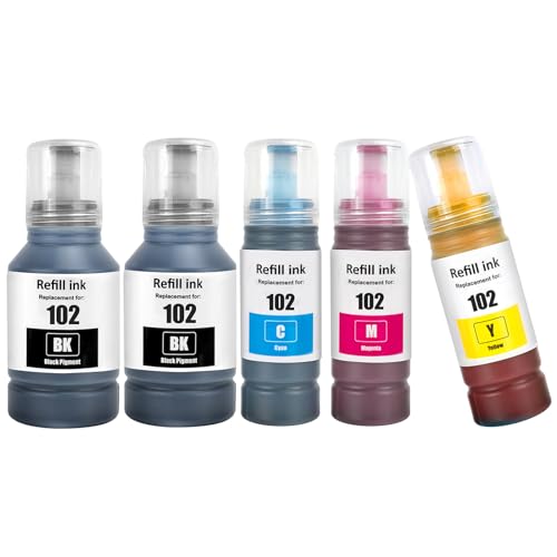 102 Ink Bottles 5 Color Multipack Compatible for Epson 102 Ink ET-2700 ET-2750 ET-2751 ET-2756 ET-2850 ET-2851 ET-2856 ET-3700 ET-3750 ET-3850 ET-4750 ET-4850 ET-4856 ET-15000 Printers