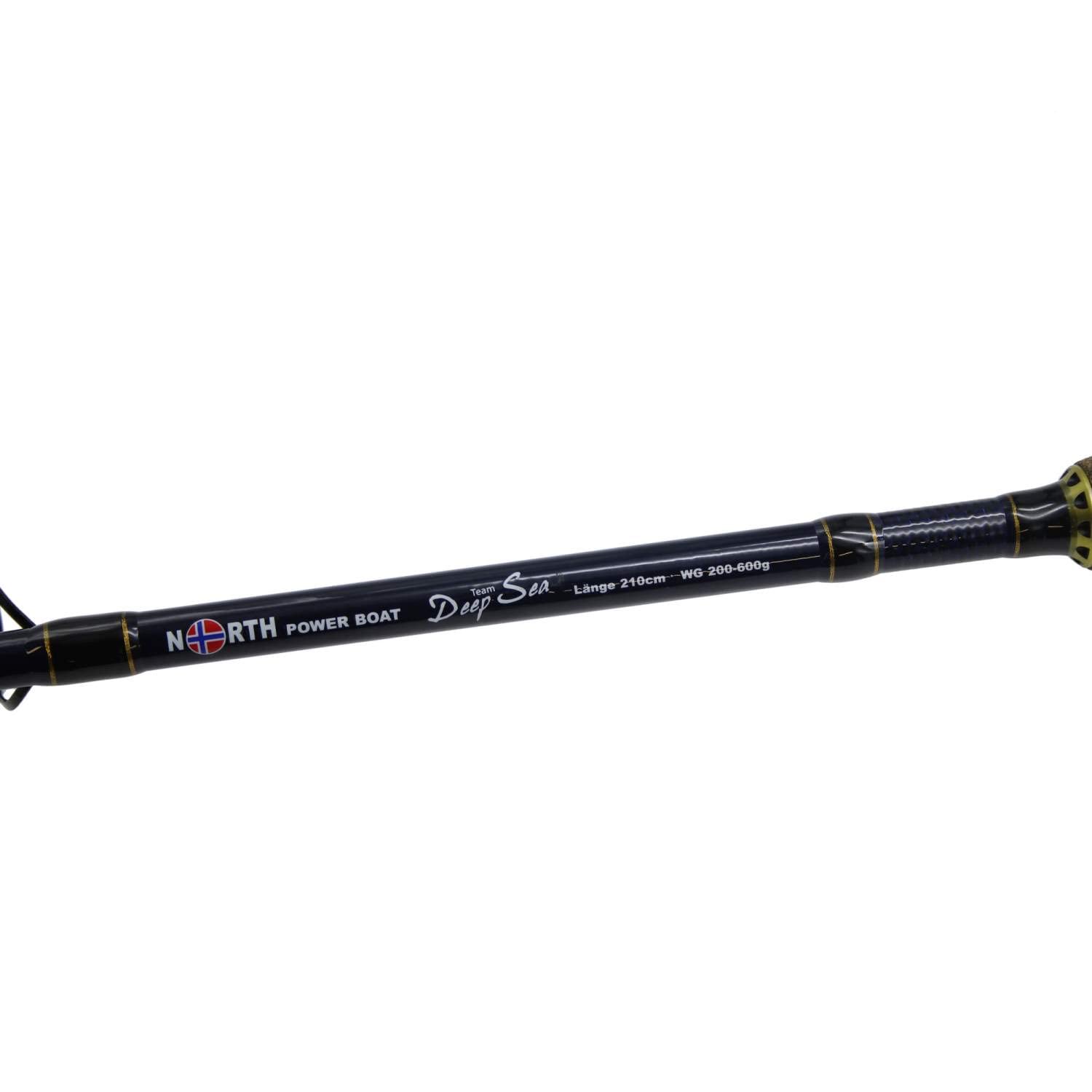 North Power Boat – Norwegen Bootsrute – 2,10m – 24T Carbon Blank – Multirollen-Rute für Heilbutt & Dorsch – Kreuzabschluss & Alu-Rollenhalter – Hochsee-Steckrute