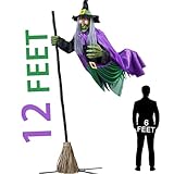 Halloween Decorations Outdoor, 12 ft Flying Witch Halloweens Decor on Broom, Halloween Animatronics with Sound & Touch Activated Sensor - Spooky Scary Decor for Home Outside Garden Yard Lawn