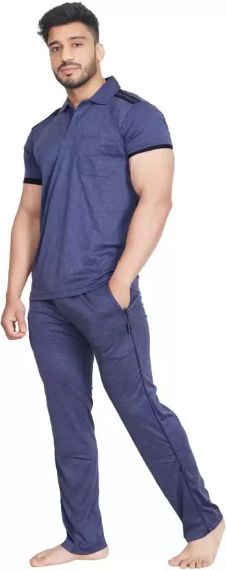 GenericVastragrah Cotton Blend Night Suit Co-ord Set for Men with Coller Half Sleeve T-Shirt and Track Pant | Nightdress Suits Set Dark Blue Co-ords, L