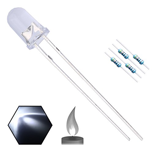 EDGELEC 100pcs 5mm White Flicker Flickering LED Diodes Candle Flicking Lights Clear Round Lens 29mm Long Lead DC 3V Light Emitting Diode Lamp Bulb +100pcs Resistors (430ohm for DC 6-12V) Included