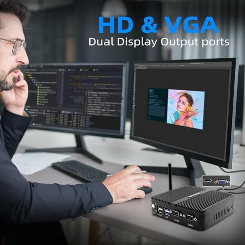 Image of WEIDIAN Fanless Mini PC, Industrial PC, Mini Computer J5005(up to 2.8GHz), 4K HD+VGA Dual Dispaly Output, 2Gigabit Ethernet, 4USB, 2RS232 COM, Win11, WiFi, BT(4GB RAM 128GB SSD)