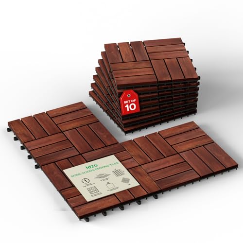 IDZO Interlocking Acacia Deck Tiles 9.6 SQFT, 10PCS, Red Brown, Checker