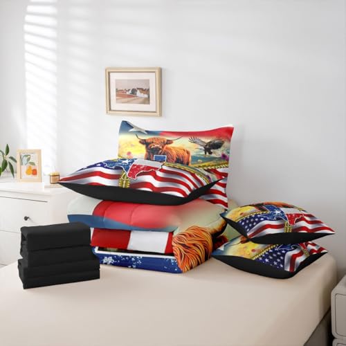 Image of Highland Cow Full Size Bed Sheets and Comforter Set American Flag Western 7-Piece Bedding Set Cowboys Gifts for Men Texas Star Bed in a Bag,Longhorn Bull Cattle Eagle Bed Sets,Red Blue Farmhouse Decor