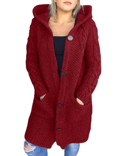 Women's Cable Knit Long Hooded Cardigan Chunky Button Down Open Front Sweater Cardigan with Hood Pockets