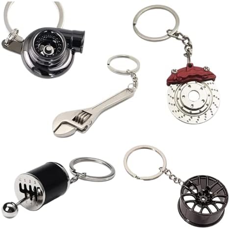 5pc Car Lovers Key Chain Set - Manual Gear Shifter | Wheel Rim | Spanner | Turbo | Brake Disc keychain | Automotive Accessories | Auto Vehicle Enthusiast Gift Set | Car Truck Bike | Car Parts Keyring