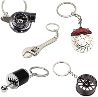 5pc Car Lovers Key Chain Set - Manual Gear Shifter | Wheel Rim | Spanner | Turbo | Brake Disc keychain | Automotive Accessories | Auto Vehicle Enthusiast Gift Set | Car Truck Bike | Car Parts Keyring