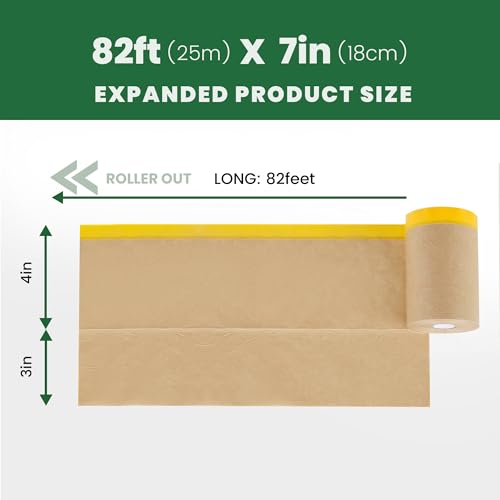 Image of Voomey Pre-Taped Masking Paper for Painting - 7 inch x 82 feet Tape and Drape Painters Paper, Paint Adhesive Protective Roll for Covering Skirting, Frames, Cars and DIY Projects