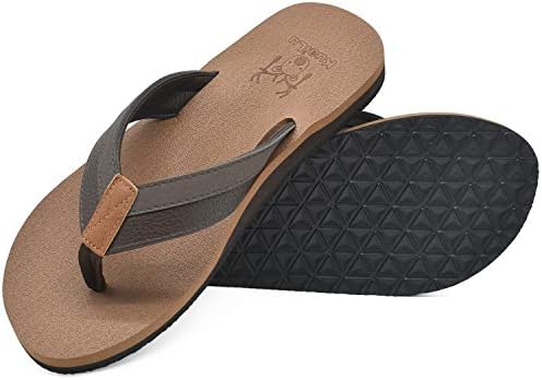 KuaiLu Men's Yoga Mat Leather Flip Flops Thong Sandals with Arch Support Khaki size 11