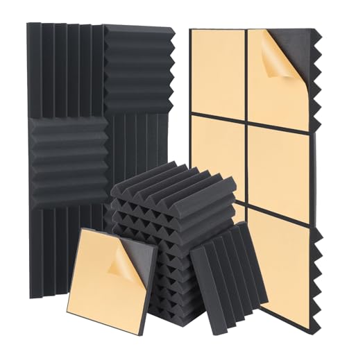 HERTBER-24 Pack Soundproof Wall Panels Self Adhesive Acoustic Foam 30 x 30 x 5 cm Wedge Acoustic Panels Black Soundproof Foam High Density Sound Panels for Noise cacelling and Sound Absorbtion