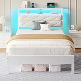 Seventable Bed Frame Twin Size with Charging Station, LED Bed with Upholstered Storage Headboard, Metal Platform Bed with Under Bed Storage, No Box Spring Needed, Noise Free, Easy Assembly, White