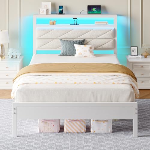 Seventable Bed Frame Twin Size with Charging Station, LED Bed with Upholstered Storage Headboard, Metal Platform Bed with Under Bed Storage, No Box Spring Needed, Noise Free, Easy Assembly, White
