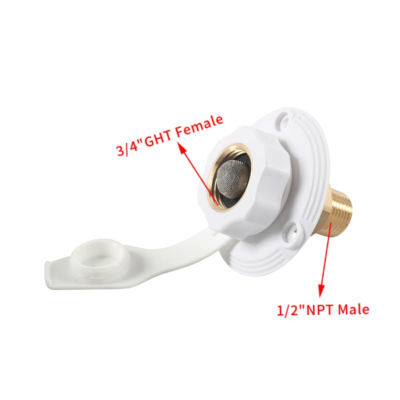 Image of RV Camper Motorhome Trailer Marine White City Water Fill Inlet Flange Brass with Check Valve with Hose Elbow and Rings