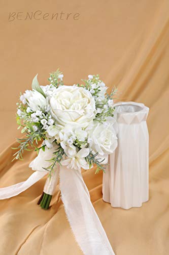 Bencentre 7" White & Greenery Artificial Flowers Wedding Bouquet For Ivory Bridesmaid Bouquet, Set Of 4 - Tossing Rustic Bouquet, Marriage Proposal Party And Vintage Wedding Ceremony Anniversary #TOP3
