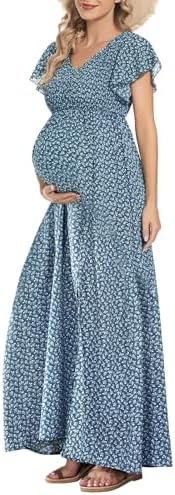 Floral Print V Neck Maternity Dress, Photoshoot Baby Shower Flutter Sleeve Smocked Boho Split A-Line Maxi Dresses, Blue, L
