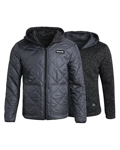 Hurley Men's Reversible Jacket - Quilted Puffer Reversible to Fleece Sweater - Warm Insulated Zip Up Jacket for Men (S-XL)