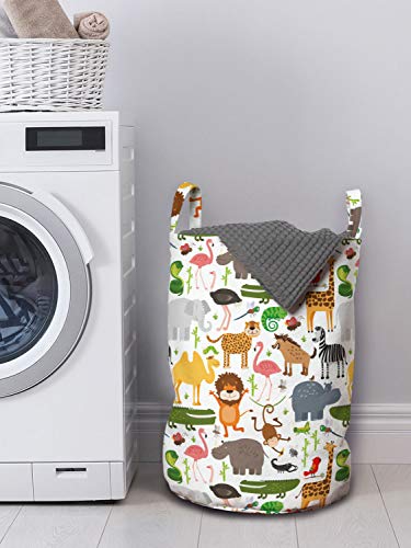 Lunarable Savannah Laundry Bag, Cartoon Style Animal Pattern Savannah Themed Lion Tigers Flamingos Funny Print, Hamper Basket With Handles Drawstring Closure For Laundromats, 13" X 19", Rainbow Colors #TOP1