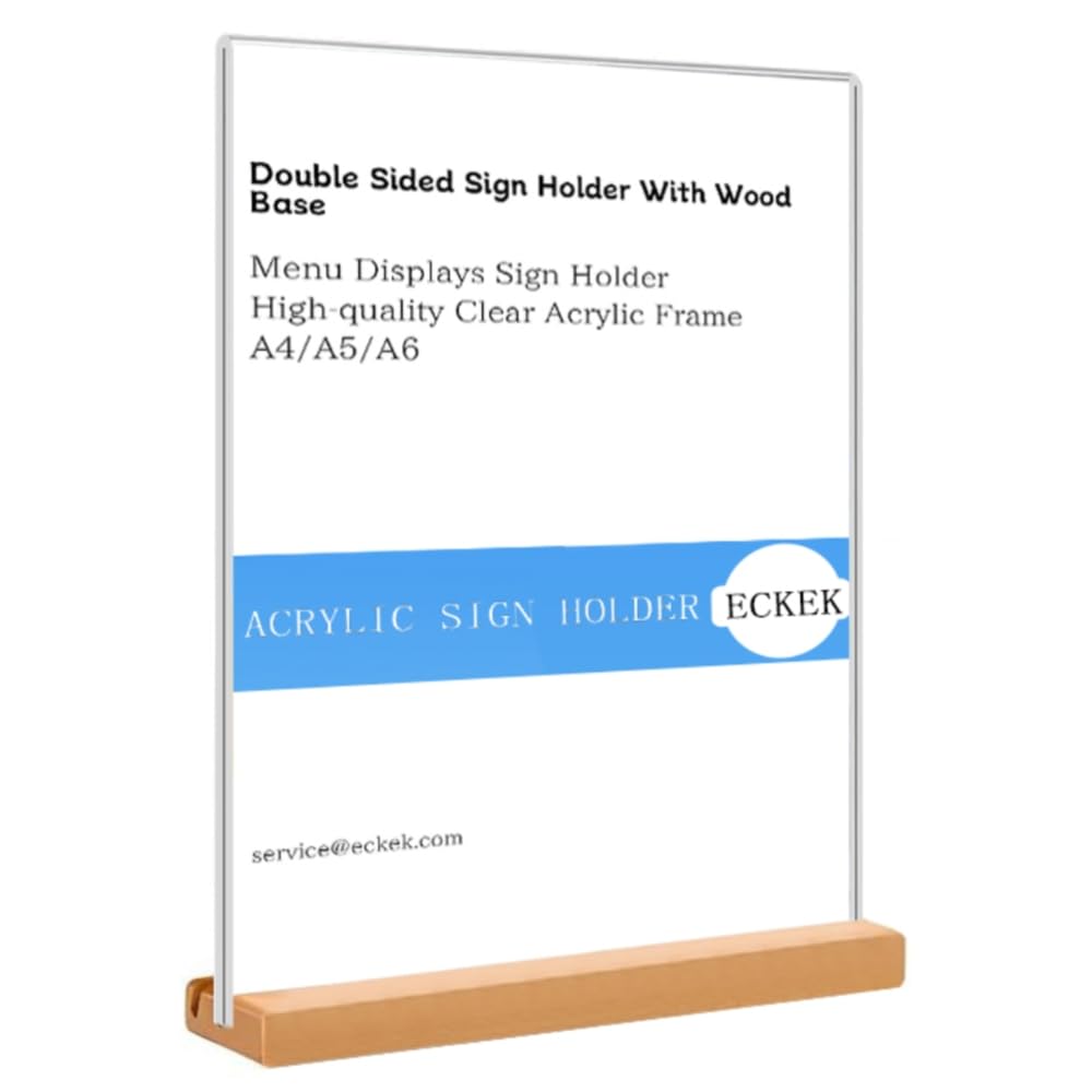 ECKEK Acrylic Sign Holder A4/A5/A6 Menu Displays Double Sided, Wood Base Table Top Sign Stand (Vertical A6 105×148mm/4.13×5.83 inches)