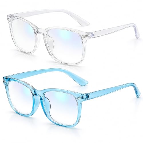 HYMC 2PCS Kids blue light glasses kids glasses Clear Lens Blue Light Blocking Plastic Frame Acrylic Lens Unisex blue light glasses kid (Clear White & Transparent Blue)
