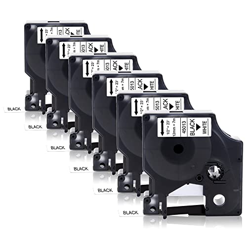 Topcolor 6-Pack 45013 Compatible for Dymo D1 Label Tape 1/2" Black on White