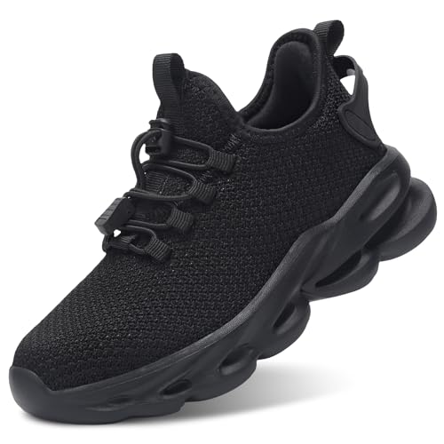 Fulkid Kids Girls Boys Shoes Breathable Athletic Boys Sneakers Lightweight Sports Girls Shoes with Quick Adjust Bungee Kids Sneakers Black Size 2