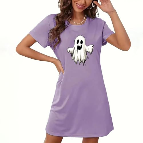 Women's Cute Ghost Print 2025 Halloween Nightgown Sleepshirt Short Sleeve Loose Tshirt Dress Soft Lounge Sleepwear