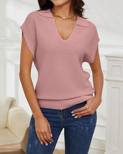 Image of Womens Summer Cap Sleeve Sweater,Polo V Neck Crochet Hollow Out Sleeveless Oversized Tops 2024