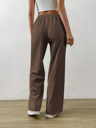 Image of TOPLOT Women's Linen Blend Wide Leg Palazzo Pants | Elastic Drawstring Waist Trousers for Woman | Relaxed Fit Casual Lounge Trousers | Breathable Straight Leg Everyday Bottom Wear (5268)