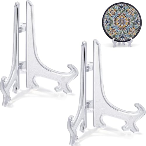 Image of CURATED CART Acrylic Plate Stand for Decor, Pack of 2 Transparent Photo Frame Stand for Table, 6 Inch Clear Display Easel for Plates Pictures QR Menu Table Standee Decorative Collectibles