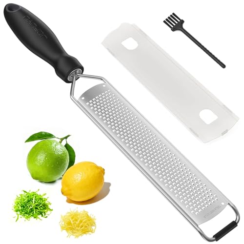 Zester Grater, Lemon Zester Grater with Handle, Premium Stainless Steel Citrus Zester for Parmesan, Garlic, Chocolate, Ginger, Non-Slip Grip, Safety Cover & Cleaning Brush, Black