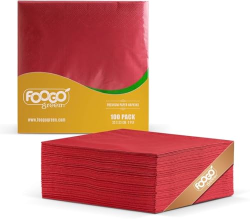 FOOGO Green 100pcs Elegant Red Paper Napkins FSC Certified 33 x 33 cm 2 Ply Strong Serviettes Fully Home Compostable Super Soft Paper Tissues Cocktail Disposable Napkins