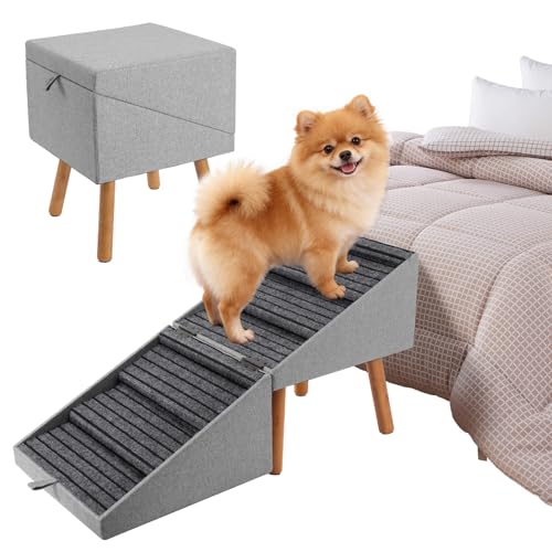 Image of Dog Ramp for Bed & Couch, Dog Stairs 21.06 inches High for Large /Medium /Small Doggie, Foldable 2 in 1 Wooden Pet Steps for Puppy Older and Injured Dogs, Split Ottoman Design, No-Slip Surface