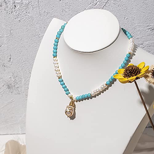 Cowlyn Baroque Pearl Pendant Necklace Turquoise Chain 18K Gold Wire Winding Handmade Bohemian Style Adjustable Charm Fashion Valentine Jewelry For Women Girl Mom #TOP5