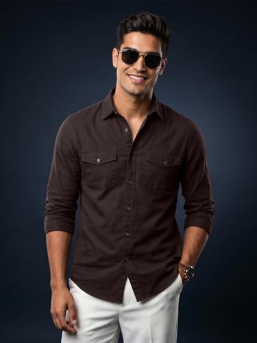 Image of Veirdo Men's Pure Cotton Utility Shirt | Full Sleeve Casual Button-Down with Dual Chest Pockets | Stylish & Comfortable Everyday Wear | Colors: Beige, Black, Maroon, Olive, Rust & White