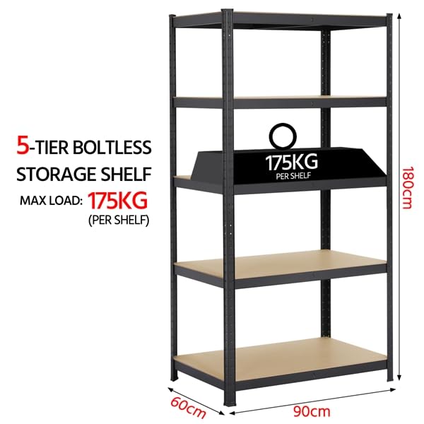 Yaheetech 180 x 90 x 60 cm Étagères Charge Lourde Clipsable Résistant Capacité 875 kg Meuble de Rangement Garage Cuisine Chambre Noir 180 x 90 x 60 cm