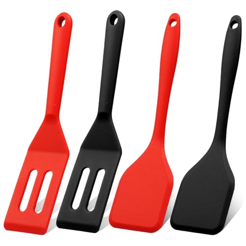 4PCS Mini Silicone Brownie Serving Spatula Set Flexible Non stick Serve Turner Heat Resistant Cooking Spatula for Flip Eggs Crepe Steak Pizza Kitchen Utensil (Black, Red)
