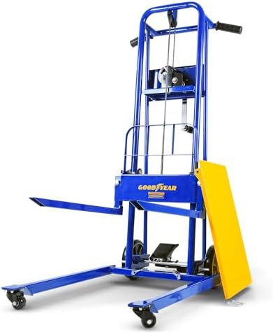 Goodyear Material Lift Winch Stacker, Pallet Truck Dolly, 330 Lbs 40" Max Lift w/ 8" Wheels, Swivel Casters [Patented]