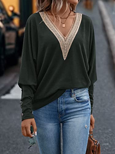 Gorglitter Women's Guipure Lace Long Sleeve Sweatshirt V Neck Casual Pullover Tops Dark Grey Small #TOP5