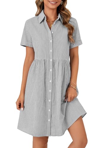 Image of Rooscier Women's Striped Shirt Dress Button Down Collared Short Sleeve Mini Dress